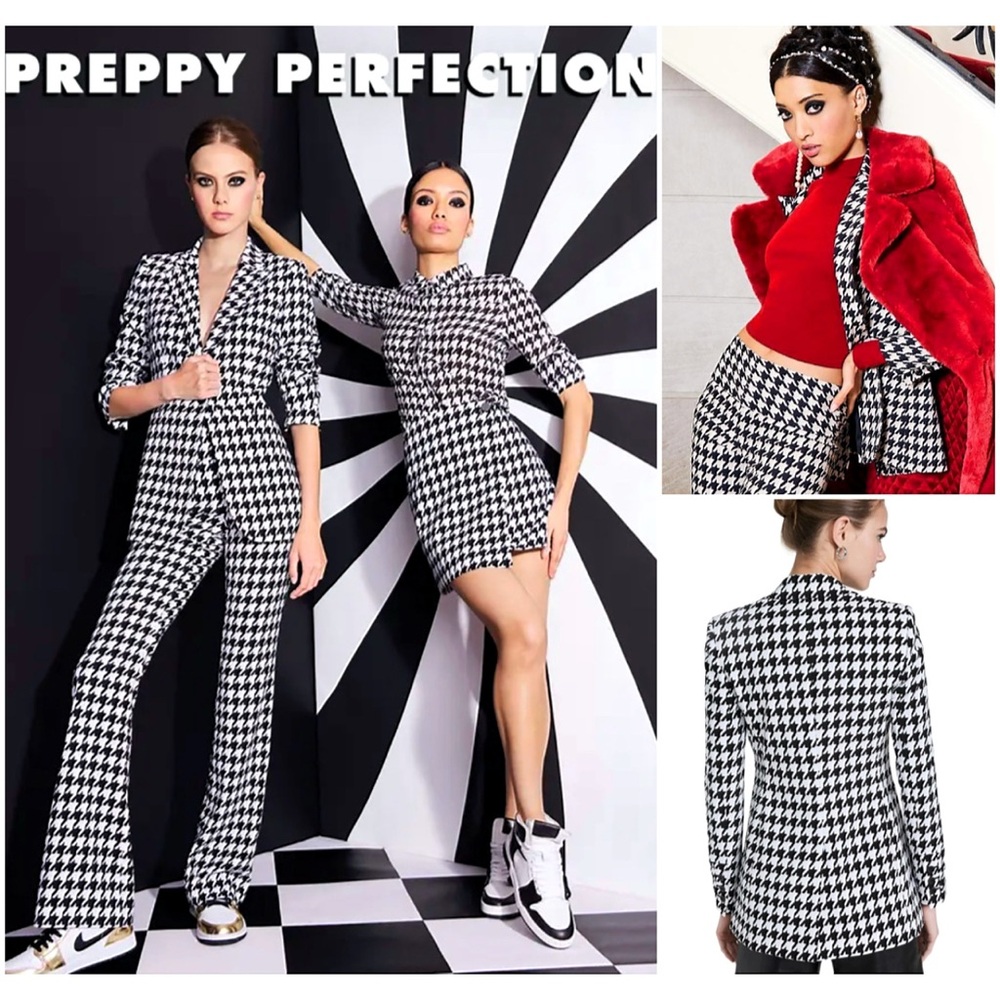 Alice + Olivia Breann Houndstooth Black White Fitted Blazer Jacket - Picture 5 of 17